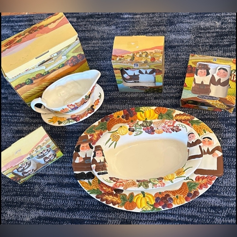 Set of 7 Vintage Publix The Pilgrim Pair Thanksgiving Serveware Set